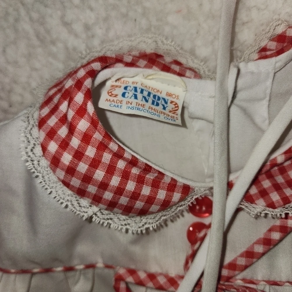CANTON Brothers Cotton Candy baby or babydoll dress red white checkered w Bonnet